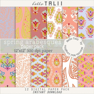 May include: A digital paper pack with 12 different patterns featuring spring-themed arabesque designs in pink, orange, green, blue, and yellow. The patterns are 30.5 cm by 30.5 cm and 300 dpi. The text "spring arabesques paper pack" and "12"x12" 300 dpi paper" is included in the image.
