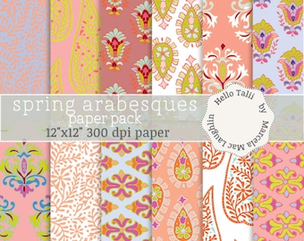 Spring Digital Paper SPRING ARABESQUES- Digital paisley arabesques damask flourishes flowers wedding decor backgrounds peach white colors