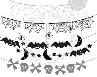 Halloween Decor BUNDLE SVG Cut files- DIY Garlands with Bats Spiderwebs Ghosts Skulls Bones Spiders Moon Banners Svg + Png + Dxf + Studio3