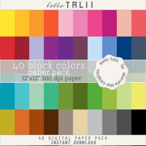 May include: A digital paper pack featuring 40 block colors in a grid arrangement. The pack includes a variety of hues, from bright yellow and orange to deep blues and blacks. The text reads "40 block colors paper pack 12"x12" 300 dpi paper" and "40 DIGITAL PAPER PACK INSTANT DOWNLOAD".