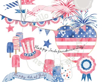 4th of July WATERCOLOR Clipart- Happy Independence Day Patriotic Celebration fireworks stars bunting flags mason jar banners Uncle Sam hat