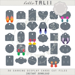 May include: A collection of gray earring display cards in various shapes, each with a small hole for hanging and slots for earrings. The image includes the text "hello TALII" and "30 EARRING DISPLAY CARDS CUT FILES INSTANT DOWNLOAD".