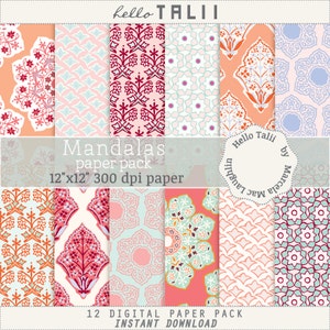 MANDALA DIGITAL PAPER- Mandala patterns Indian Bohemian Flowers Paisley Arabesques Circle Mandalas in red pink coral for scrapbooking decor