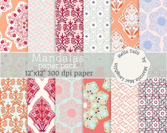 MANDALA DIGITAL PAPER- Mandala patterns Indian Bohemian Flowers Paisley Arabesques Circle Mandalas in red pink coral for scrapbooking decor