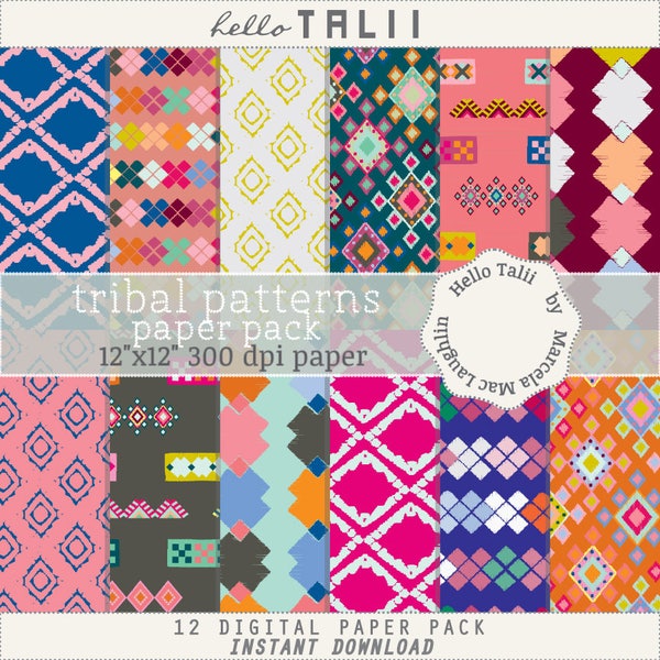 Tribal Digital Paper TRIBAL PATTERNS- Aztec digital paper Tribal Decor Ethnic Boho Hippie Backgrounds Triangles Diamonds Pink Orange Blue