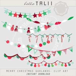 MERRY CHRISTMAS Garlands Clip Art- Red green and white Bunting Banners Flags Stars Tassels Light Bulbs for cards Holidays decor invites