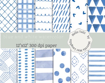 WATERCOLOR BLUE Digital Paper- White and Blue Shibori Watercolor Tie Dye Indigo Batik Ethnic Backgrounds Handpainted Doodles Stripes Dots