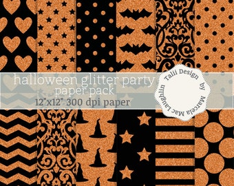 Halloween GLITTER DigitalPaper- Halloween Party Decor Backgrounds Black Orange glitter sparkles sparkling textures bats damask chevron