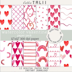WATERCOLOR VALENTINE Digital Paper- Red Watercolor St Valentine's Day Backgrounds Handpainted Hearts Rainbows Doodles for Valentine Weddings
