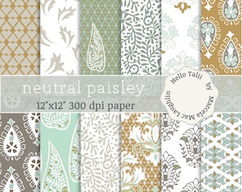NEUTRAL Paisley Digital Paper- ARABESQUES feathers flowers damask flourishes Mint Gray Rustic Wedding decor Papers Tea party invitations