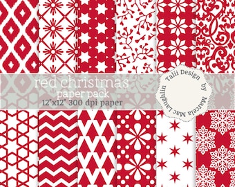 RED CHRISTMAS Digital Paper- White and red Backgrounds for gift wrap tags cards with ikat snowflakes chevron damask flowers stars