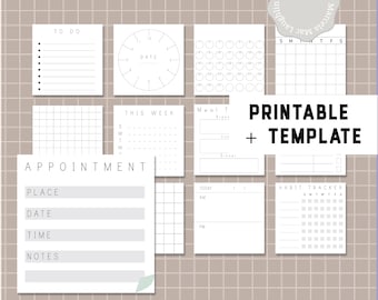 May include: Printable planner templates featuring a range of layouts, including to-do lists, habit trackers, meal planners, and appointment schedules. The templates are designed in a minimalist style with black and white grids and lines.
