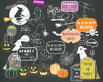 Halloween Clipart- 50 CHALKBOARD HALLOWEEN Clipart files + 1 Chalkboard Digital Paper- White Chalk + Colored Chalk Frames Skulls Witch