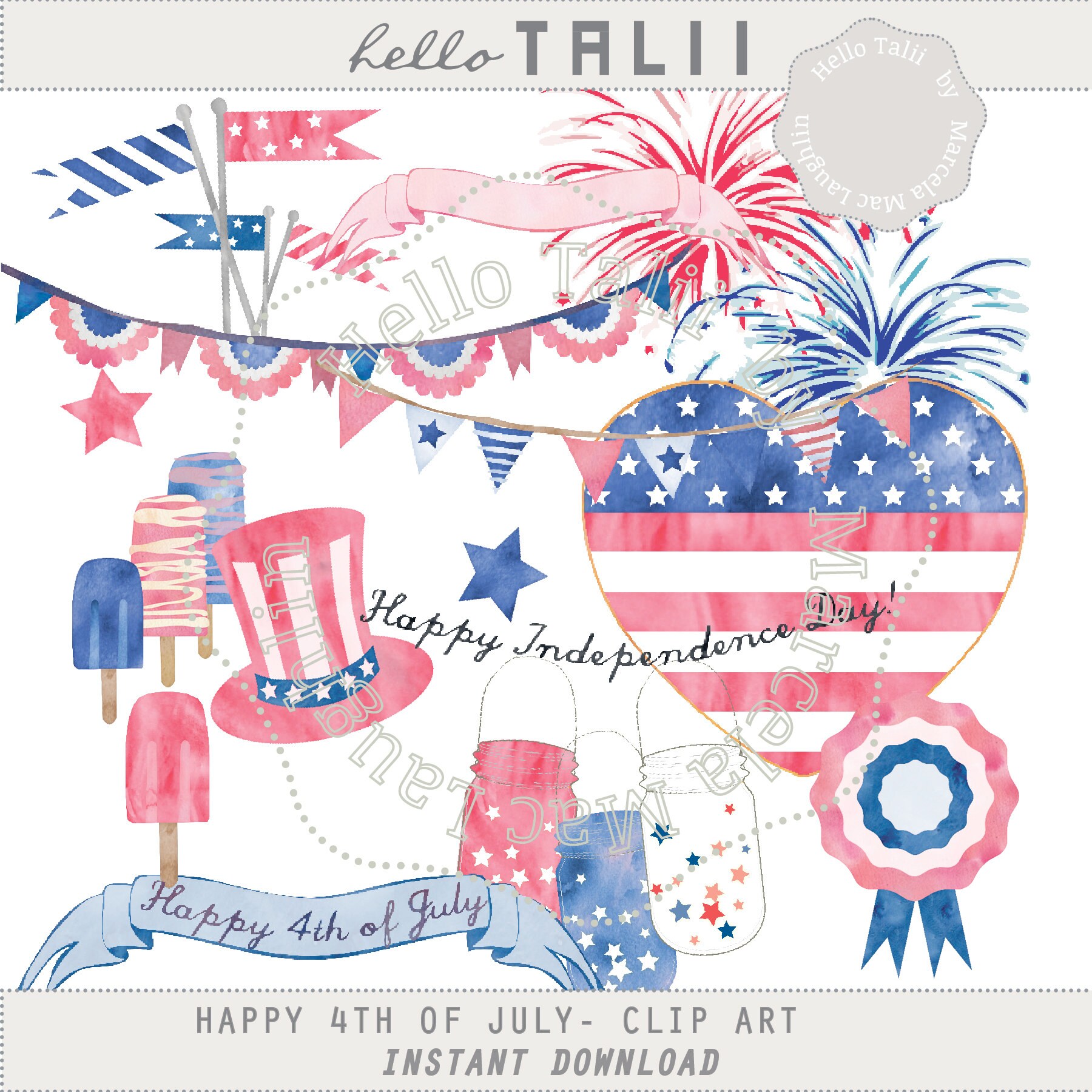 4th of July WATERCOLOR Clipart- Happy Independence Day Patriotic ...