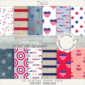 OFERTA! 4 de Julio Papel digital- Feliz Dia de la Independencia Digital Patrones bandera americana jean corazones papel kraft