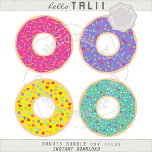 May include: Four illustrated donuts with different toppings: sprinkles, stars, hearts, and dots. The donuts are pink, purple, yellow, and teal. The image includes the text "hello TALII" at the top and "DONUTS BUNDLE CUT FILES INSTANT DOWNLOAD" at the bottom.