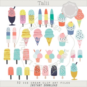 Ice Cream Clipart- HANDDRAWN Clip art Ice Cream Cones and Ice Pops 32 digital summer party graphics Sprinkle and fruit ice pops milk shake