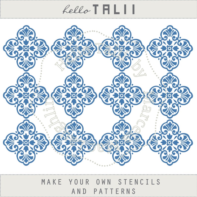 Op de afbeelding: Een herhalend patroon van blauwe bloemmotieven op een witte achtergrond. De afbeelding bevat bovenaan de tekst "hello TALII" en onderaan "MAKE YOUR OWN STENCILS AND PATTERNS". Het bloemmotief heeft een klaverblad vorm.