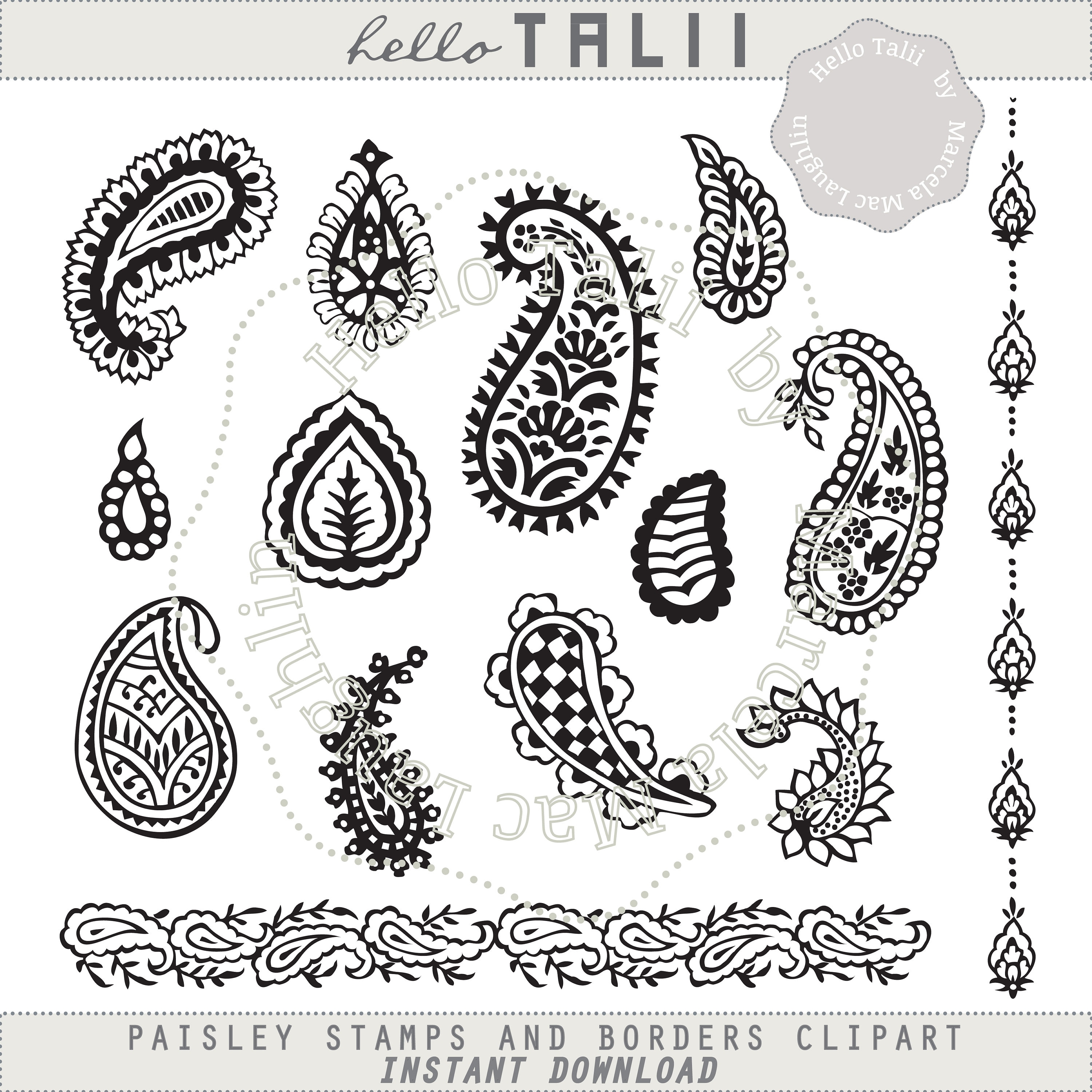 Paisley clip art- 12 paisley stamps + 2 paisley borders clipart- arabesques  indian block printing stamps for cards decor stickers decals - etsy