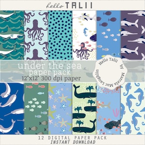 UNDER THE SEA Digital Paper- Sea Life Ocean Creatures Shark Whale Narwhal Octopus Sea horse Starfish Swordfish Marine Life Party Backgrounds