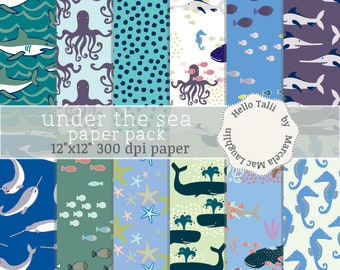 UNDER THE SEA Digital Paper- Sea Life Ocean Creatures Shark Whale Narwhal Octopus Sea horse Starfish Swordfish Marine Life Party Backgrounds
