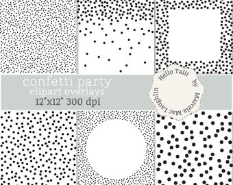 BLACK Dots Confetti Clipart Overlays Transparent PNG + JPG Digital Papers- Tiny polka dots big circles Confetti Frames Cards Scrapbooking