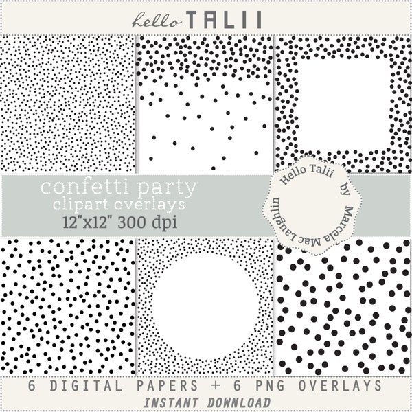 BLACK Dots Confetti Clipart Overlays Transparent PNG + JPG Digital Papers- Tiny polka dots big circles Confetti Frames Cards Scrapbooking