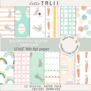 May include: A digital paper pack with 12 watercolor patterns featuring Easter themes. The patterns include bunnies, carrots, eggs, rainbows, and gingham. The paper pack is 12 inches by 12 inches and 300 dpi.