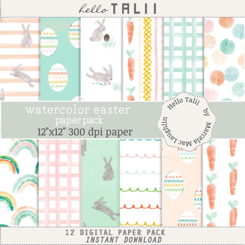 May include: A digital paper pack with 12 watercolor patterns featuring Easter themes. The patterns include bunnies, carrots, eggs, rainbows, and gingham. The paper pack is 12 inches by 12 inches and 300 dpi.