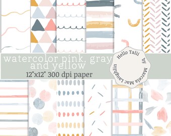 WATERCOLOR PINK Gray and Yellow Digital Paper- Pastel Colors stripes dots sprinkles Handpainted Watercolor Brushstrokes x Baby Shower Easter