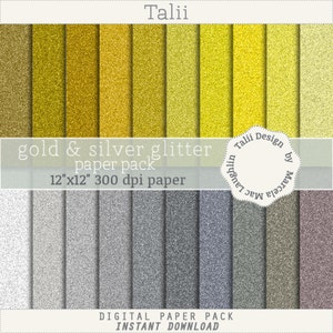 GOLD + SILVER GLITTER Digital Paper- 20 digital metallic glitter backgrounds in gold and silver Sparkle textures Sparkling Paper for crafts