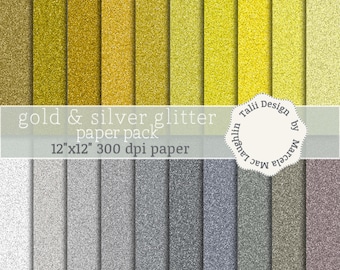 GOLD + SILVER GLITTER Digital Paper- 20 digital metallic glitter backgrounds in gold and silver Sparkle textures Sparkling Paper for crafts