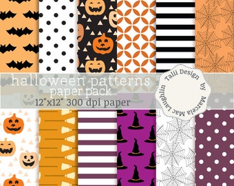May include: A collection of 12 digital Halloween-themed paper patterns. Designs include bats, polka dots, jack-o'-lanterns, spiderwebs, and witch hats. The paper pack is 12"x12" and 300 dpi. Text on the image reads "Halloween patterns paper pack".