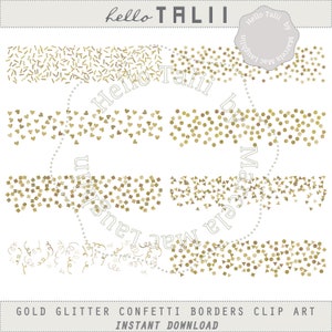 Bordes de Confetti Dorado CLIP ART- 8 bordes digitales con brillos Dorados o color Oro Corazon Estrellas Lunares Papel Picado para Año Nuevo