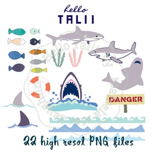 May include: A set of shark and fish illustrations in shades of grey, blue, orange, and yellow. The image features the text "hello TALII" and a "DANGER" sign. The text "22 high resol PNG files" is also included.