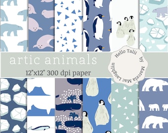 ARTIC ANIMALS Digital Paper- Polar Bears Penguins Seals Narwhals Icebergs North Pole Animals Fauna for Baby Shower Invitations Nursery Decor