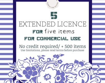5 EXTENDED LICENSES for Commercial Use Add-On- No Credit Required- Business Commercial Use License for 500 to 1000 units- Hello Talii