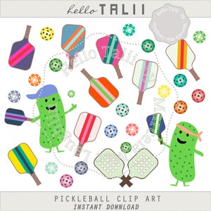PICKLEBALL Clipart- Pickle Clip art  Colorful Balls Clipart Rackets Paddles Sports Clipart Pickball Lovers Clipart Pickles Players Graphics