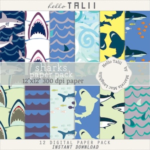 TIBURON PAPEL DIGITAL- Tramas de tiburones Papel de Niños para Invitaciones de Cumpleaños Decoracion con Olas Peces Dientes de Tiburon
