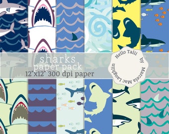 SHARKS Digital Paper- Shark Attack Backgrounds Boys Patterns Baby Shark Birthday Invites Decor Shark Week Ocean Sea Life Fishes Waves Tooth