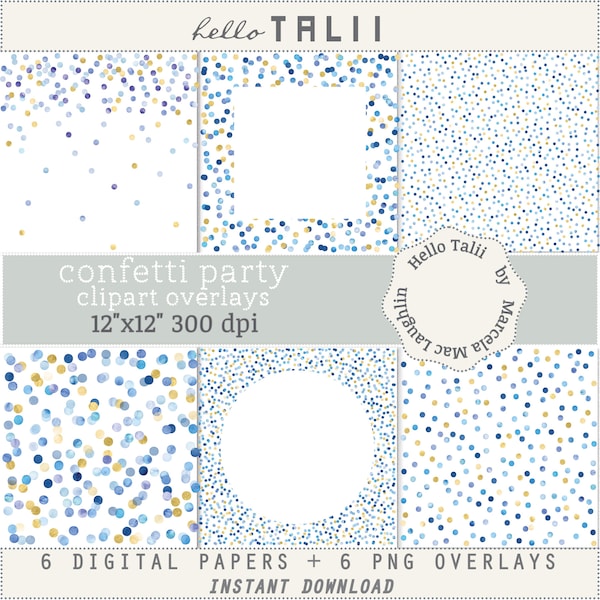 Watercolor BLUE and GOLD Dots Clipart Overlays- Polka Dots Confetti Transparent Overlays + Digital Papers- Watercolor Tiny Big Blue Dots