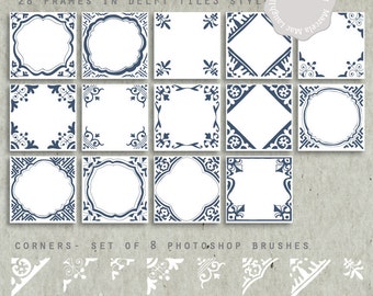 HANDDRAWN Frames CLIPART + Photoshop BRUSHES- Delft Tiles Labels in blue and white Clipart + 8 corners for pictures cards Photoshop Brushes