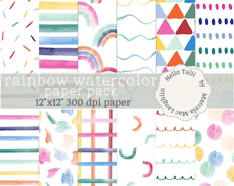 WATERCOLOR RAINBOW Digital Paper- Pastel Rainbow Watercolor Rainbow Clipart Seamless Paper Handpainted Brushstrokes Sprinkles Stripes Dots