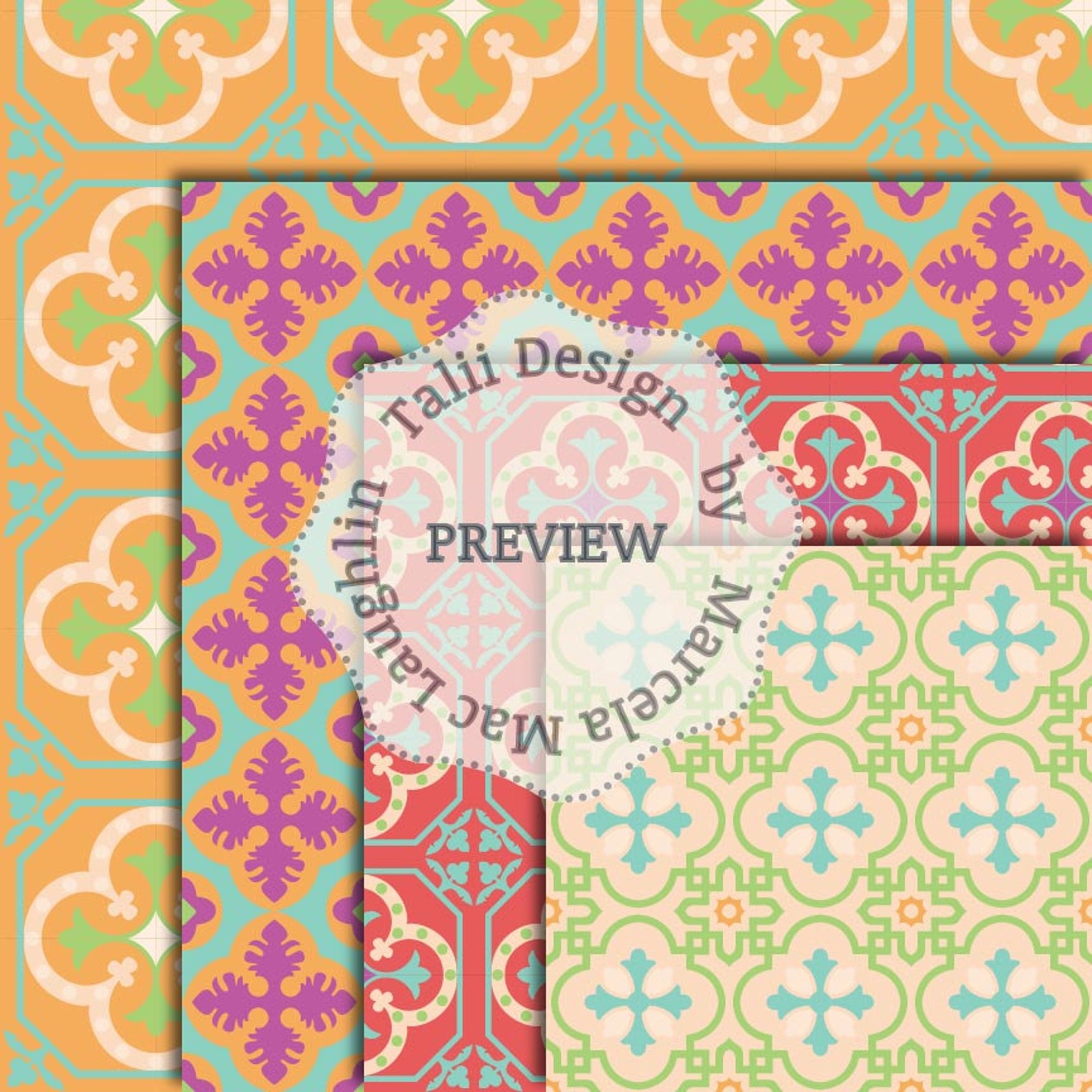 Tiles DIGITAL PAPER- Vintage Mosaics in Autumn Colors Red Purple Green ...