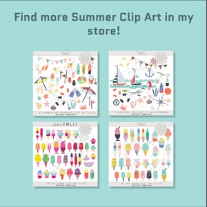 May include: Four digital illustrations of summer clip art featuring a variety of colorful images. The top left image features a beach scene with a surfboard, beach umbrella, flip flops, ice cream cones, and a crab. The top right image features a nautical scene with a sailboat, anchor, compass, and seahorse. The bottom left image features a variety of ice cream cones, popsicles, and cupcakes. The bottom right image features a variety of ice cream cones and popsicles.