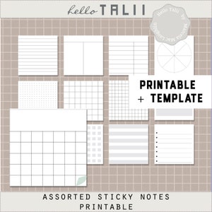 May include: Printable template of assorted sticky notes with different grid patterns, lines, and blank spaces. The notes are designed for organization and planning. The text "PRINTABLE TEMPLATE" is at the top of the image.