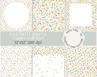 RAINBOW and GOLD STARS Confetti Overlays Transparent Png + Digital Papers- Glitter and Pastel color Stars Confetti Frames Clipart Overlays