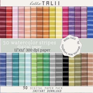 Digital Paper WATERCOLOR STRIPES in COLORED Background- Hand painted stripes on a Rainbow bright and pastel background for cards and parties