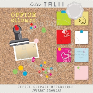 Office CLIPART Megabundle- Back to school 100+ clip art files- Sticky notes clips pins pushpins + Corkboard Background