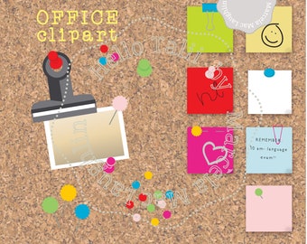 Office CLIPART Megabundle- Back to school 100+ clip art files- Sticky notes clips pins pushpins + Corkboard Background